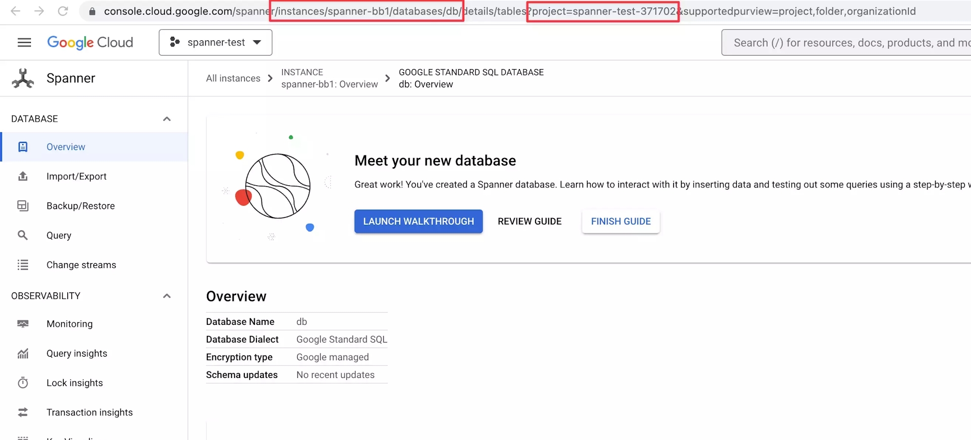 Spanner database detail page